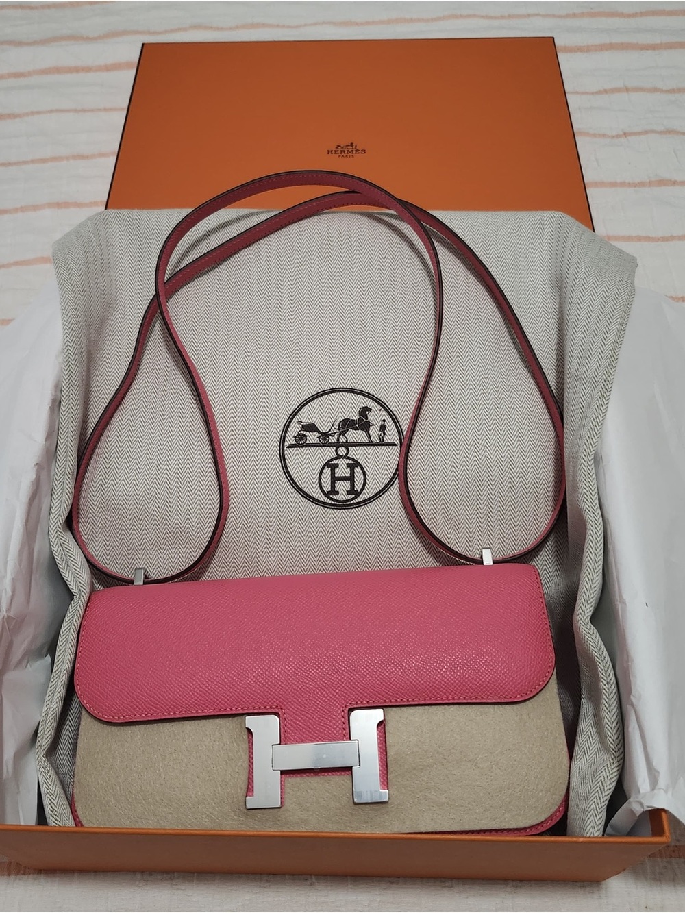 Hermes Pink and Beige Constance Crossbody with Silver Hardware